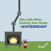 Stay Safe When Heating Your Home #WinterReady Graphic shows a fireplace with fire extinguisher. 