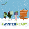 Illustration of three people in winter clothes carrying large gift boxes through the snow. A wooden sign includes the text Give the Gift of Warmth. Want to help those you love keep warm? Consider giving: warm winter clothes, blankets and throws, portable heaters. Illustration includes #WinterReady hashtag and Ready logos.