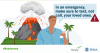 Graphic image of a person holding their cell phone with a volcano in the background.  Text reads: In an emergency, make sure to text, not call, your loved ones. 