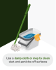 A graphic image of a mop and a bucket. Text reads: use a damp cloth or mop to clean dust and particles off surfaces.
