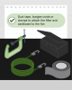 Graphic image of a clamp, bungee cords, duct tape and a box. Text reads: duct tape, bungee dords or clamps to attach the filter and cardboard to the fan.
