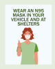 Graphic image of a woman wearing a mask. Text reads: wear an N95 mask in your vehicle and at shelters.