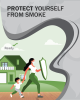 A woman using a shield to push smoke away while holding a child's hand. Text reads: protect yourself from smoke.