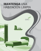 El gráfico muestra un dormitorio limpio y ordenado. El texto dice: "Crea una habitación limpia".