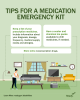 TIPS FOR A MEDICATION EMERGENCY KIT Keep a list of your prescription medicines. Include information about your diagnosis, dosage, frequency, medical supply needs and allergies. Store extra nonprescription drugs. Have a cooler and chemical ice packs available to chill medicines, if needed. Learn More: ready.gov/disabilities