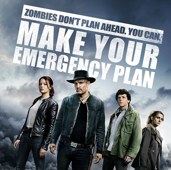 FEMA’s Ready Campaign and the Ad Council are joining with Sony Pictures to promote the critical message of emergency preparedness through a Public Service Advertising campaign tied to the upcoming film, “Zombieland: Double Tap.” Sony Pictures developed a PSA with original movie footage that will run in theatres with the film’s release on Oct. 18. In the PSA, cast members describe what families should do now to prepare for disasters with the theme, “Zombies don’t plan ahead. You can. Make an emergency plan.”